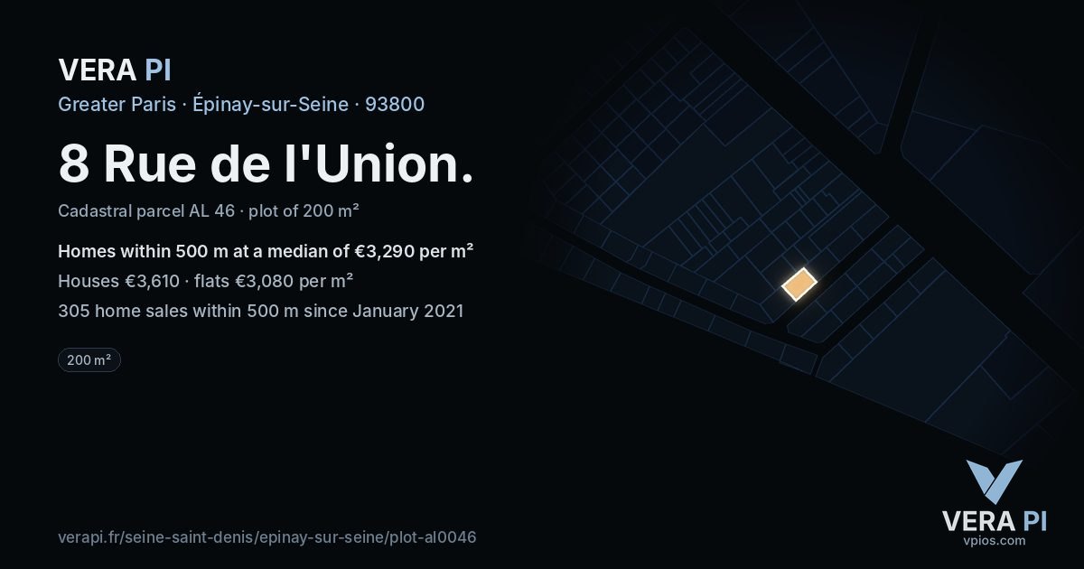 8 Rue de l'Union, Épinay-sur-Seine at night – the plot lit, the parcels around coloured by the prices near them