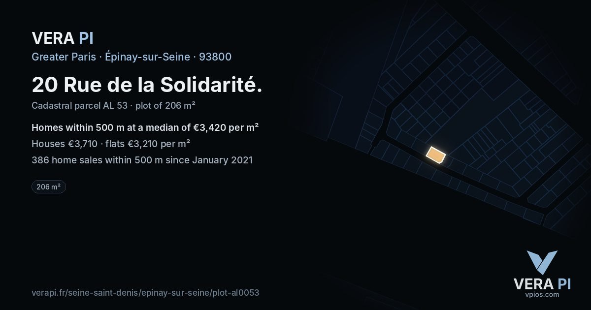 20 Rue de la Solidarité, Épinay-sur-Seine at night – the plot lit, the parcels around coloured by the prices near them