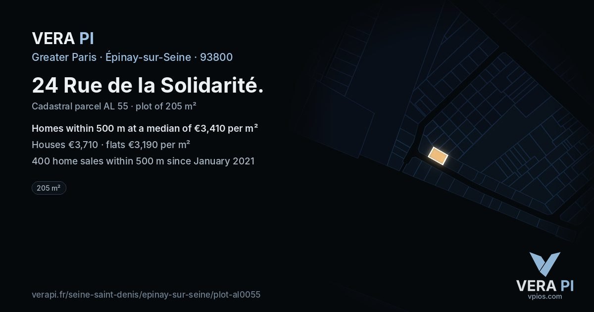 24 Rue de la Solidarité, Épinay-sur-Seine at night – the plot lit, the parcels around coloured by the prices near them