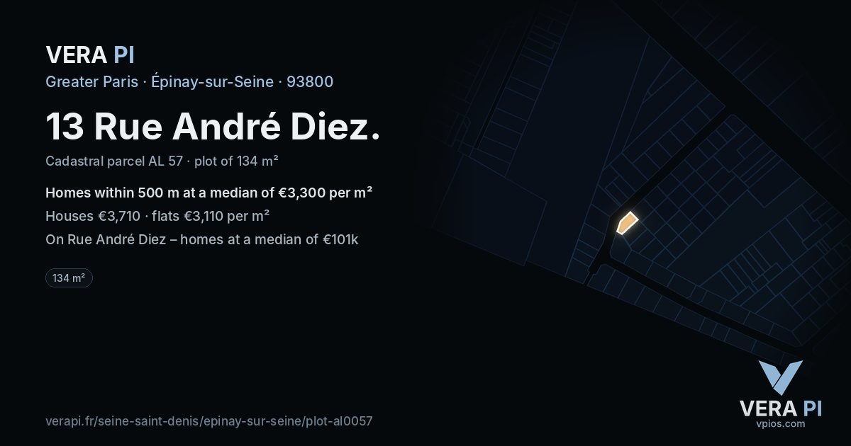 13 Rue André Diez, Épinay-sur-Seine at night – the plot lit, the parcels around coloured by the prices near them