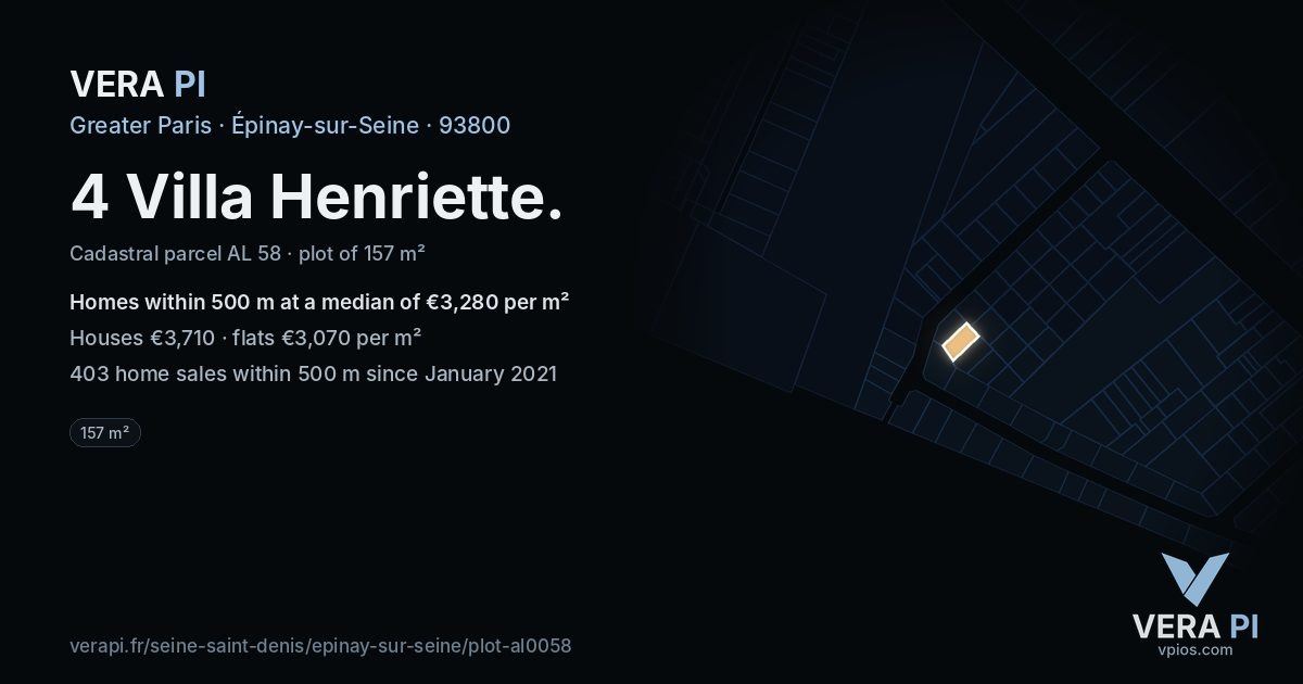 4 Villa Henriette, Épinay-sur-Seine at night – the plot lit, the parcels around coloured by the prices near them