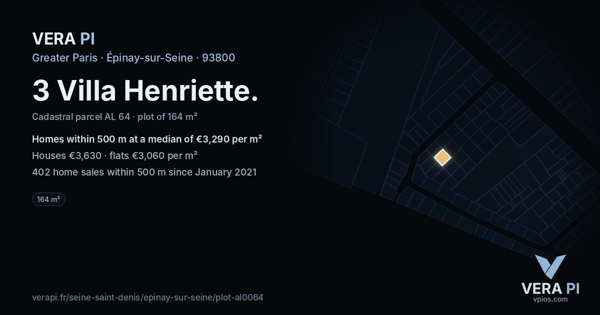 3 Villa Henriette, Épinay-sur-Seine at night – the plot lit, the parcels around coloured by the prices near them