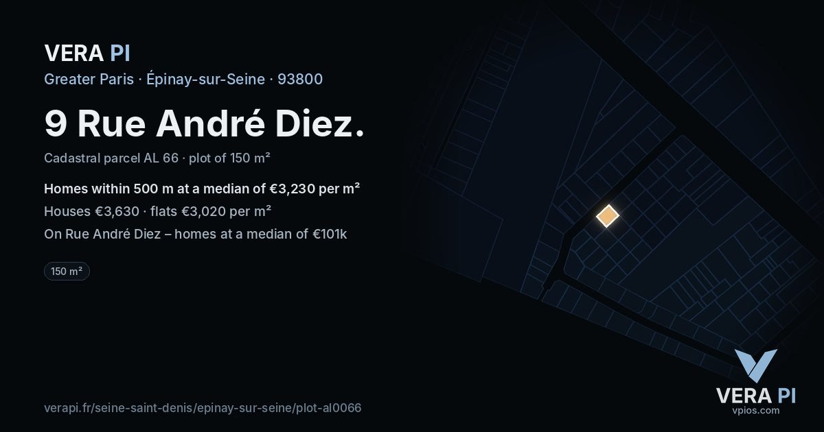 9 Rue André Diez, Épinay-sur-Seine at night – the plot lit, the parcels around coloured by the prices near them