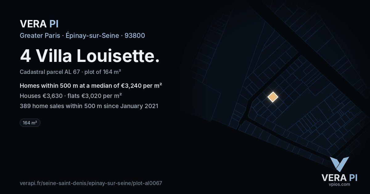 4 Villa Louisette, Épinay-sur-Seine at night – the plot lit, the parcels around coloured by the prices near them