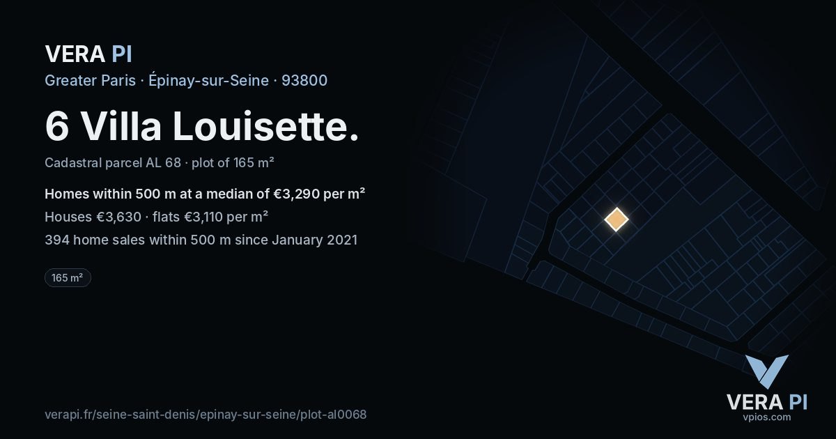 6 Villa Louisette, Épinay-sur-Seine at night – the plot lit, the parcels around coloured by the prices near them