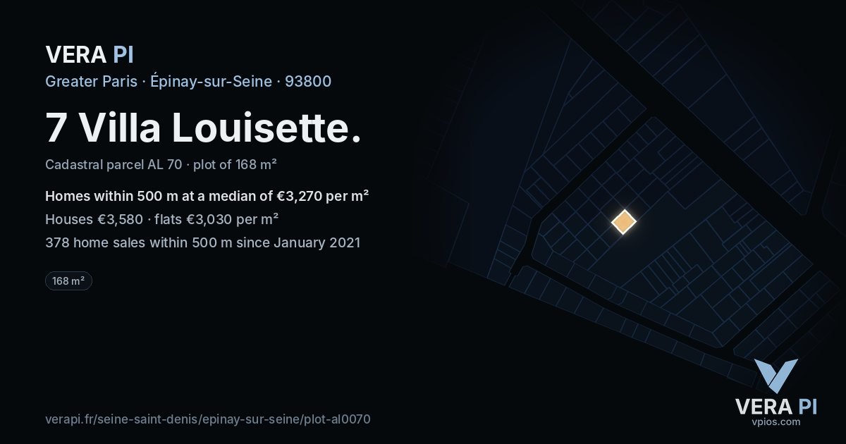 7 Villa Louisette, Épinay-sur-Seine at night – the plot lit, the parcels around coloured by the prices near them