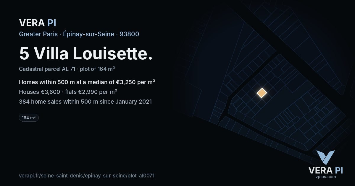 5 Villa Louisette, Épinay-sur-Seine at night – the plot lit, the parcels around coloured by the prices near them