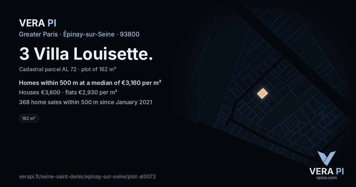 3 Villa Louisette, Épinay-sur-Seine at night – the plot lit, the parcels around coloured by the prices near them