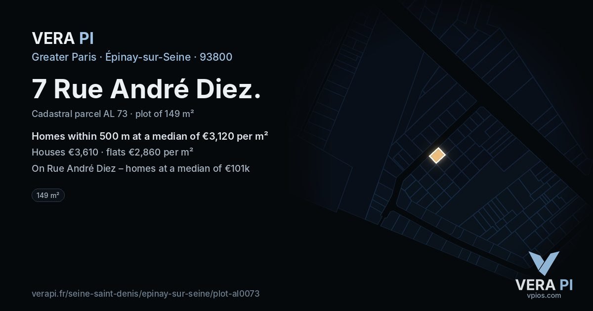 7 Rue André Diez, Épinay-sur-Seine at night – the plot lit, the parcels around coloured by the prices near them