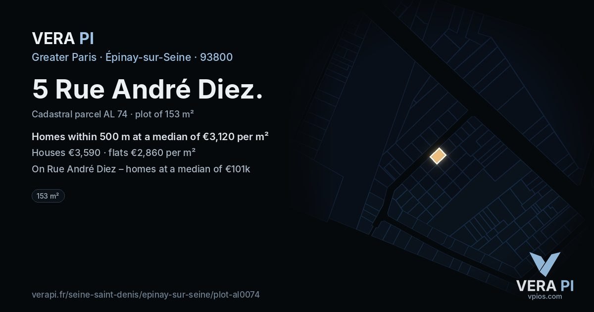 5 Rue André Diez, Épinay-sur-Seine at night – the plot lit, the parcels around coloured by the prices near them