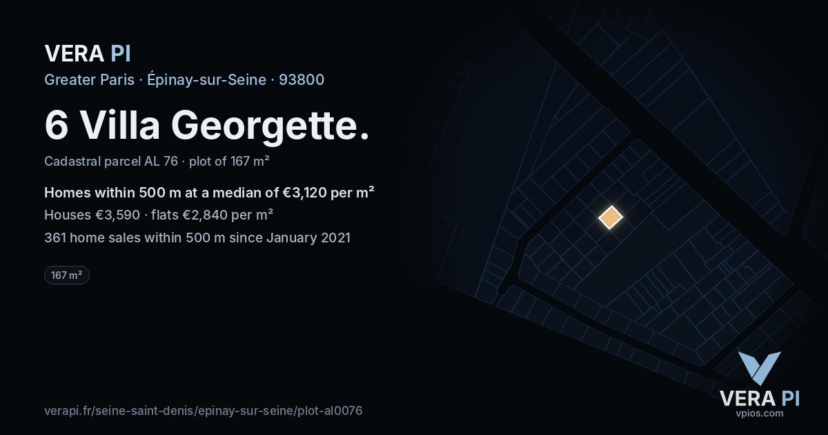 6 Villa Georgette, Épinay-sur-Seine at night – the plot lit, the parcels around coloured by the prices near them