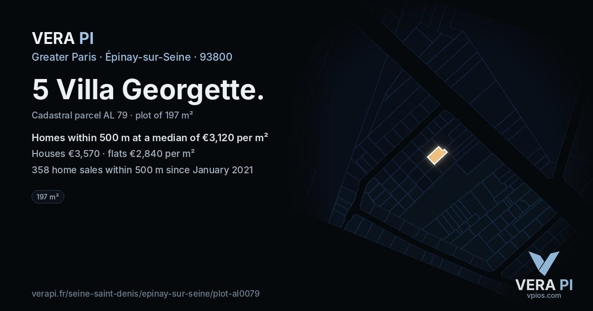 5 Villa Georgette, Épinay-sur-Seine at night – the plot lit, the parcels around coloured by the prices near them