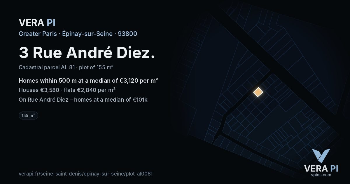 3 Rue André Diez, Épinay-sur-Seine at night – the plot lit, the parcels around coloured by the prices near them