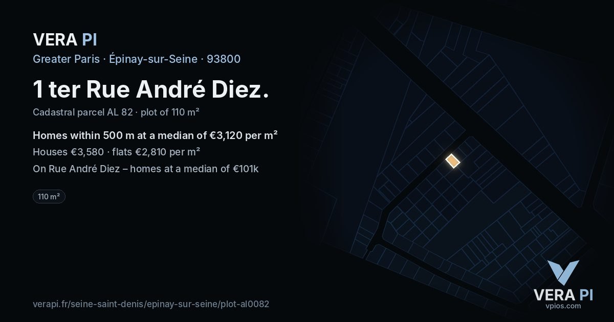 1 ter Rue André Diez, Épinay-sur-Seine at night – the plot lit, the parcels around coloured by the prices near them