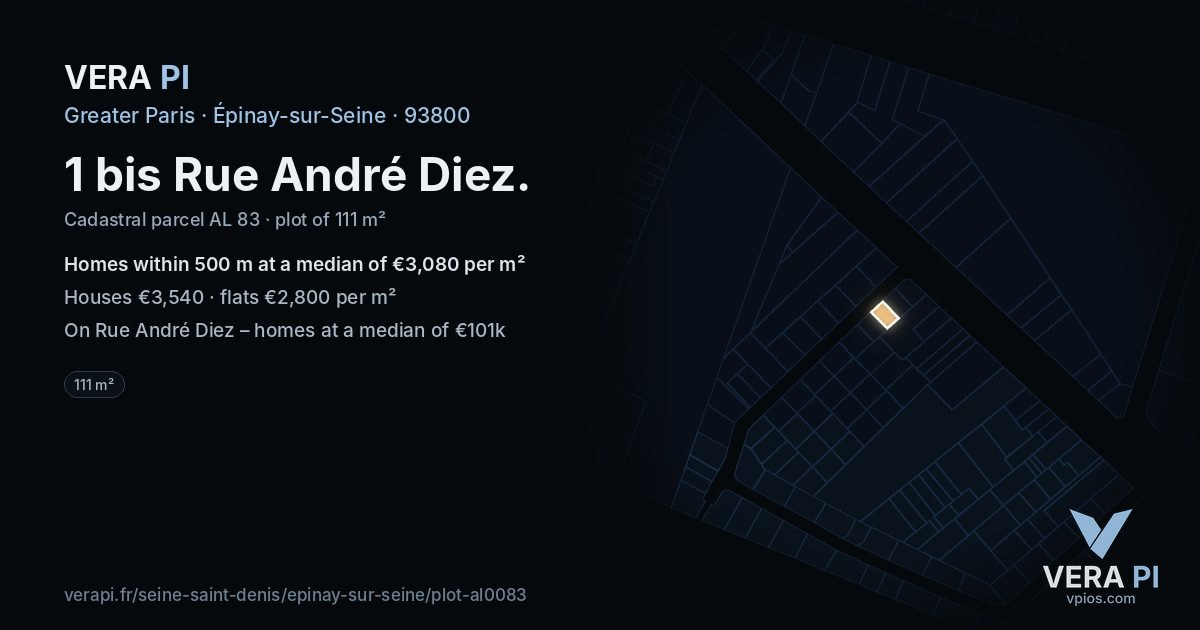 1 bis Rue André Diez, Épinay-sur-Seine at night – the plot lit, the parcels around coloured by the prices near them