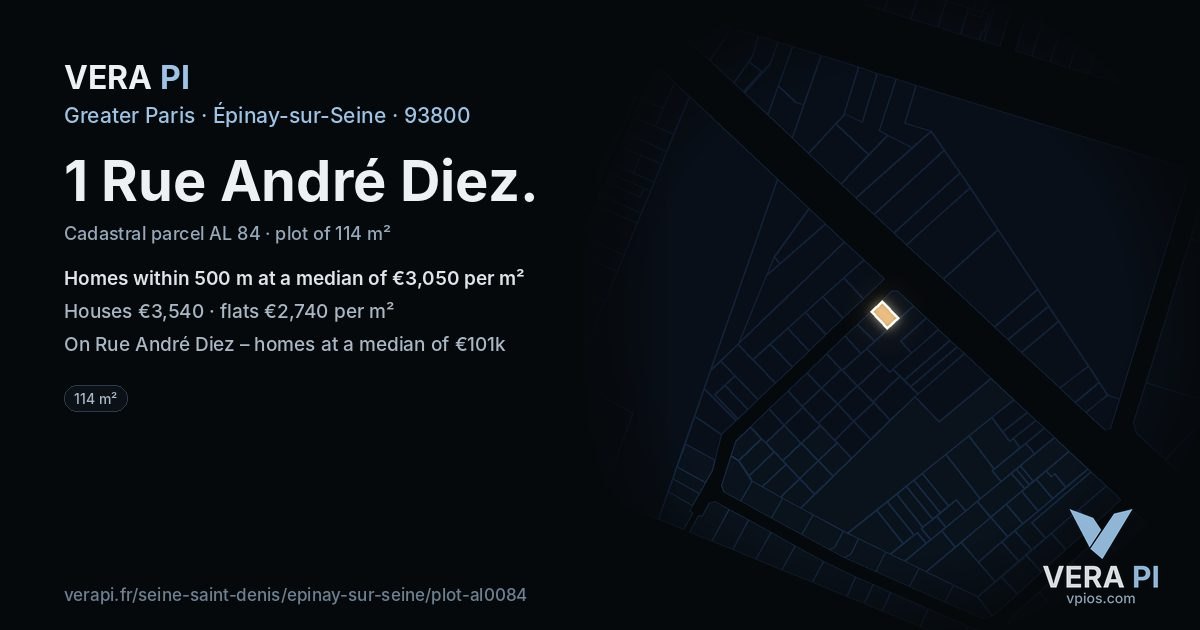 1 Rue André Diez, Épinay-sur-Seine at night – the plot lit, the parcels around coloured by the prices near them