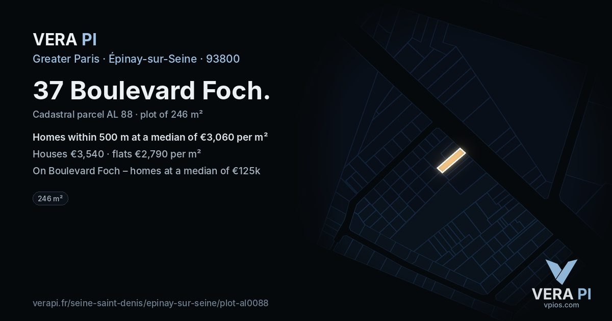 37 Boulevard Foch, Épinay-sur-Seine at night – the plot lit, the parcels around coloured by the prices near them