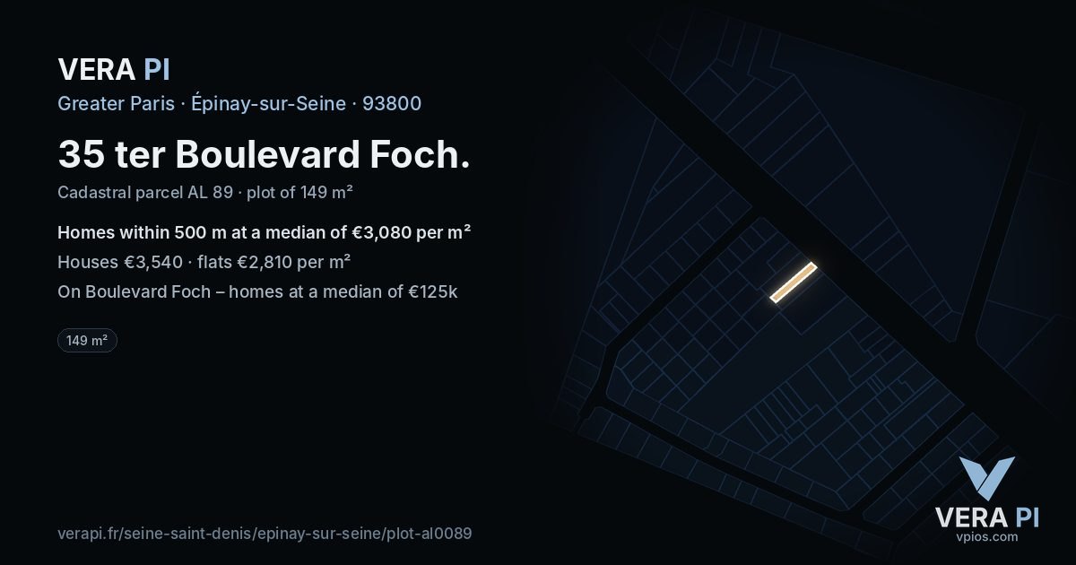 35 ter Boulevard Foch, Épinay-sur-Seine at night – the plot lit, the parcels around coloured by the prices near them