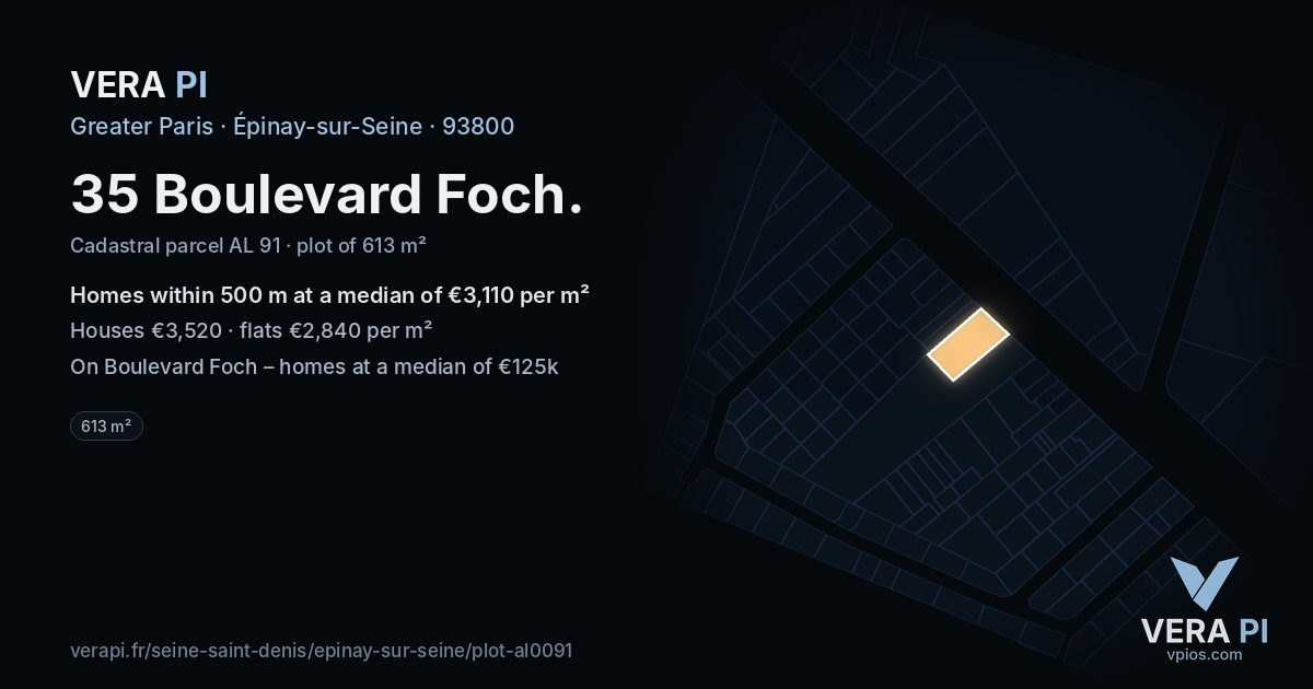 35 Boulevard Foch, Épinay-sur-Seine at night – the plot lit, the parcels around coloured by the prices near them