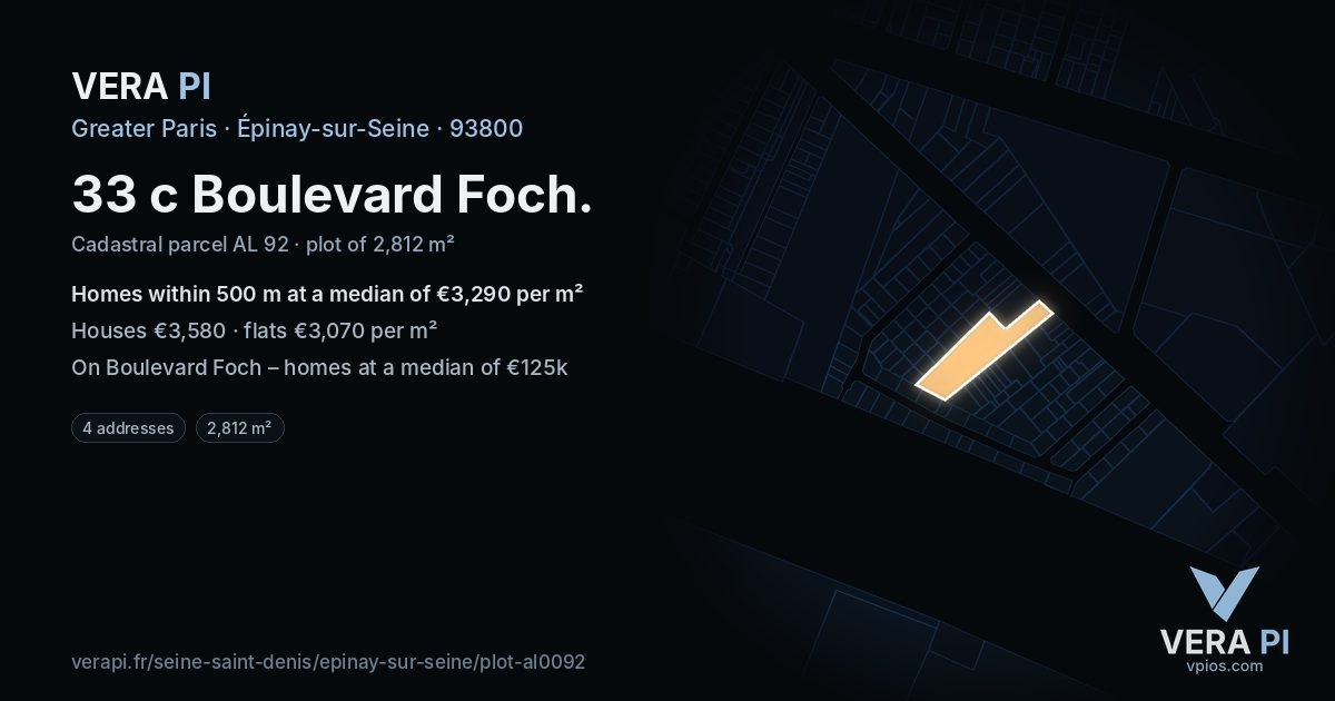 33 c Boulevard Foch, Épinay-sur-Seine at night – the plot lit, the parcels around coloured by the prices near them