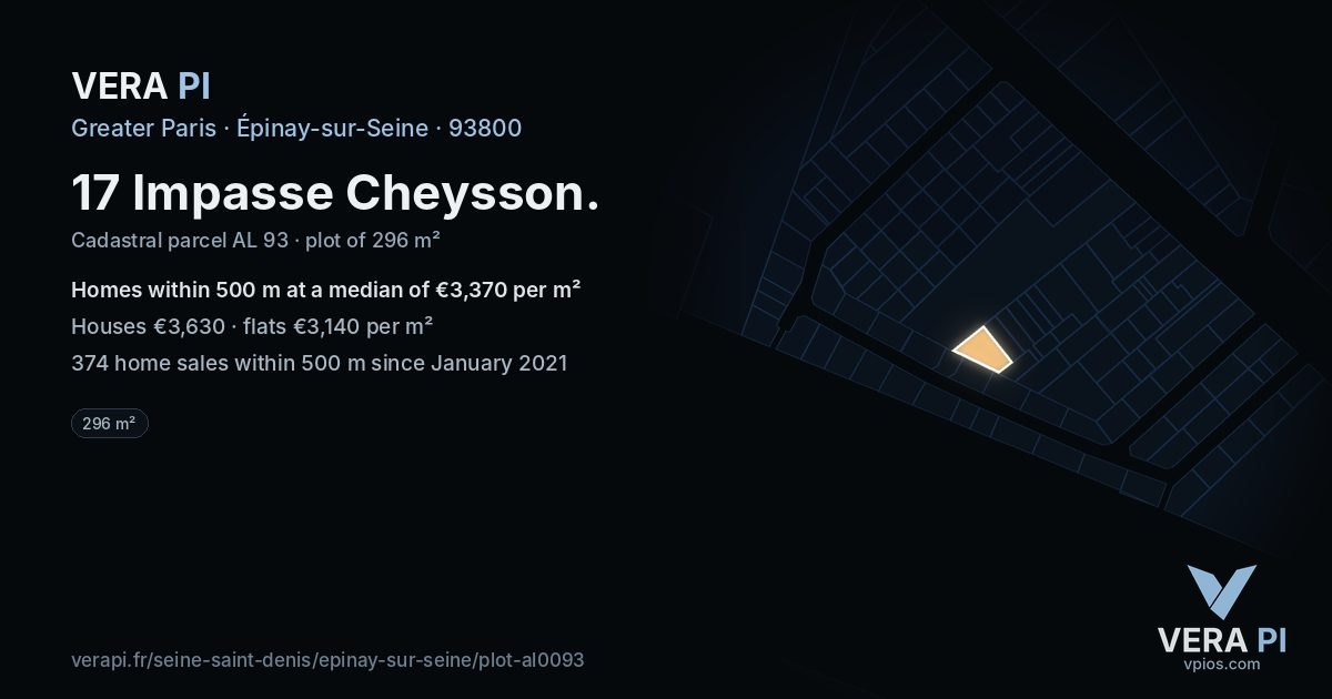 17 Impasse Cheysson, Épinay-sur-Seine at night – the plot lit, the parcels around coloured by the prices near them