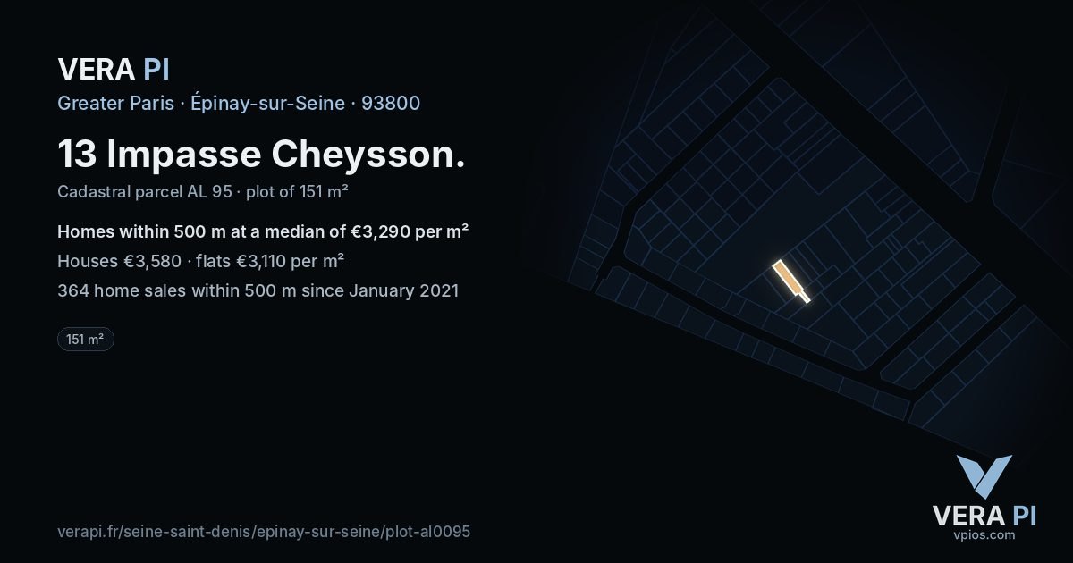 13 Impasse Cheysson, Épinay-sur-Seine at night – the plot lit, the parcels around coloured by the prices near them