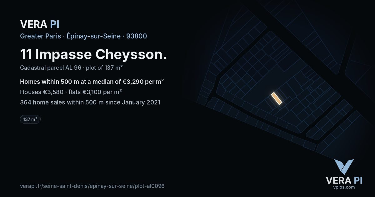 11 Impasse Cheysson, Épinay-sur-Seine at night – the plot lit, the parcels around coloured by the prices near them