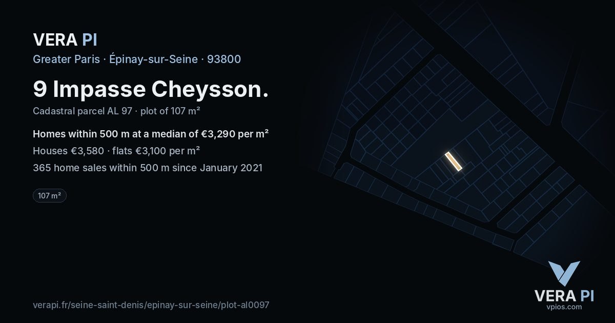 9 Impasse Cheysson, Épinay-sur-Seine at night – the plot lit, the parcels around coloured by the prices near them
