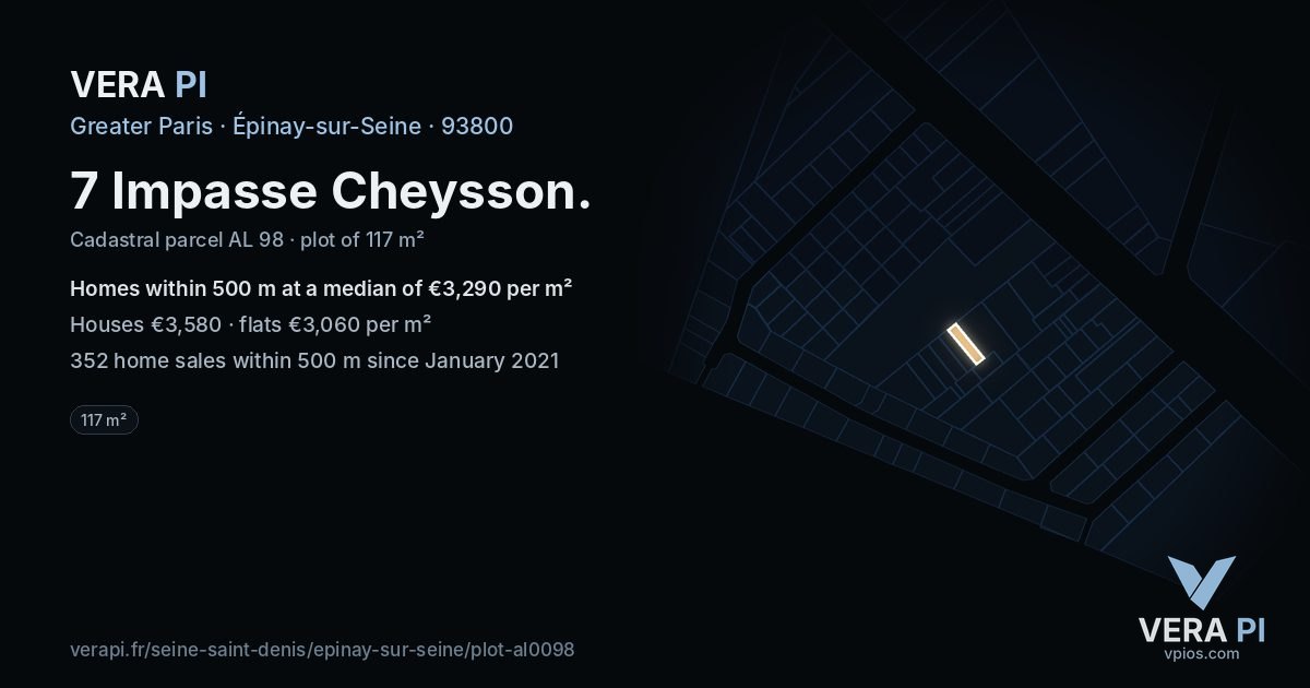 7 Impasse Cheysson, Épinay-sur-Seine at night – the plot lit, the parcels around coloured by the prices near them