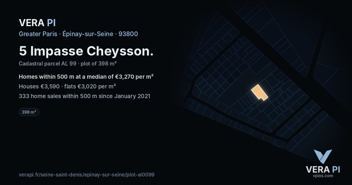 5 Impasse Cheysson, Épinay-sur-Seine at night – the plot lit, the parcels around coloured by the prices near them