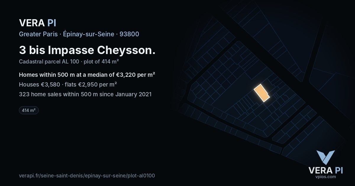 3 bis Impasse Cheysson, Épinay-sur-Seine at night – the plot lit, the parcels around coloured by the prices near them