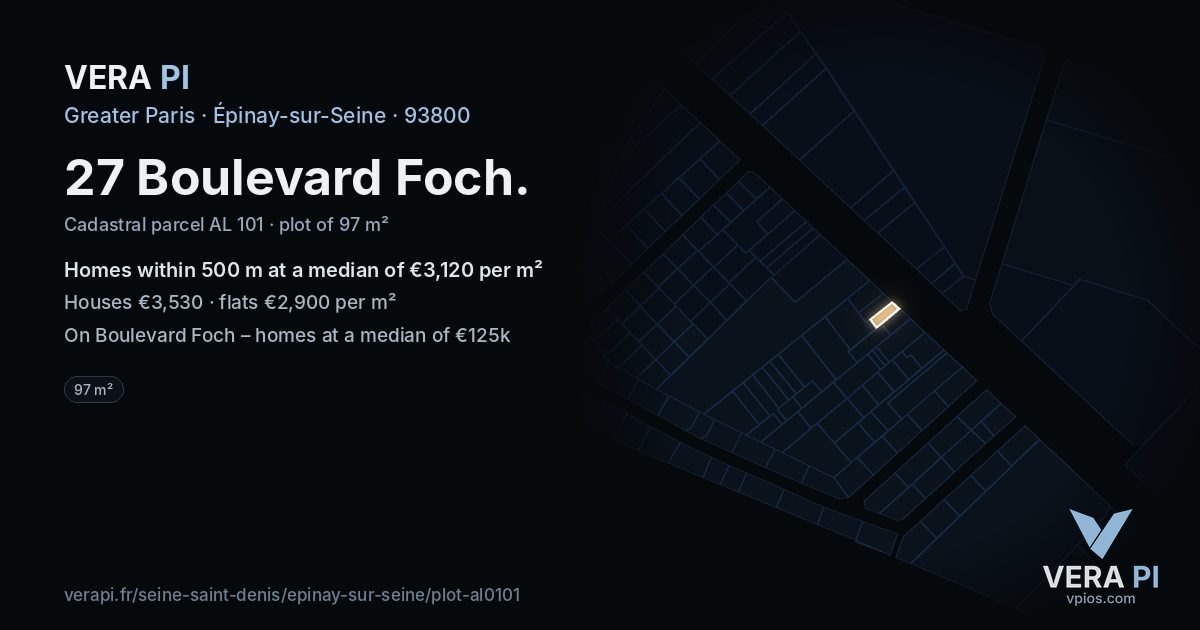 27 Boulevard Foch, Épinay-sur-Seine at night – the plot lit, the parcels around coloured by the prices near them