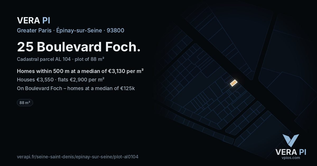 25 Boulevard Foch, Épinay-sur-Seine at night – the plot lit, the parcels around coloured by the prices near them
