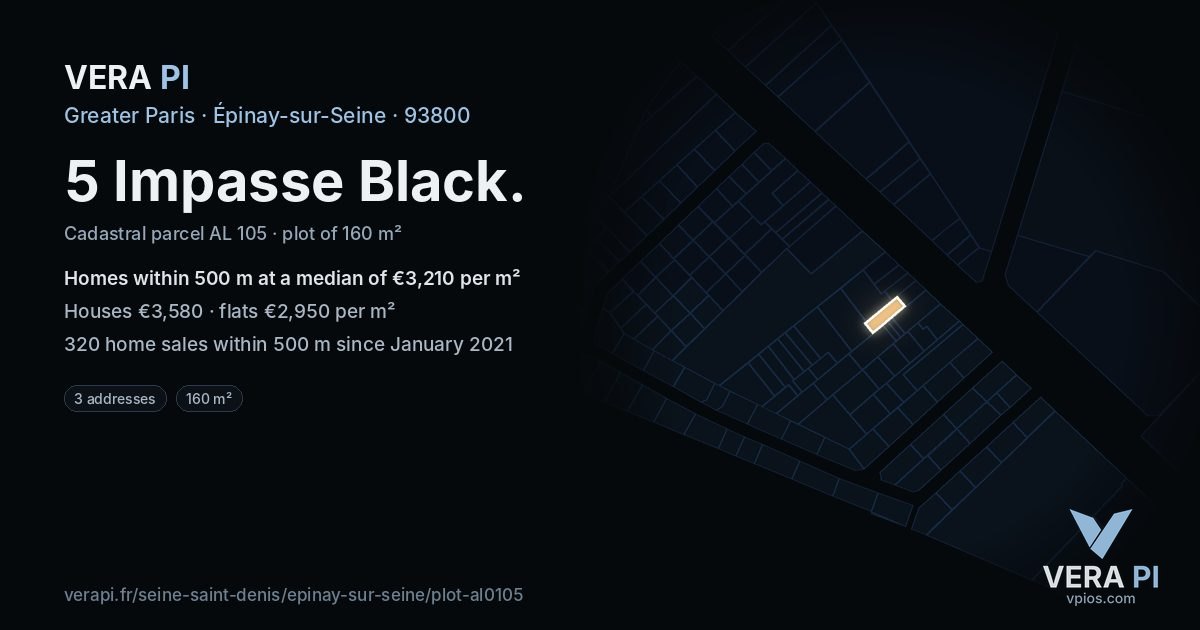 5 Impasse Black, Épinay-sur-Seine at night – the plot lit, the parcels around coloured by the prices near them