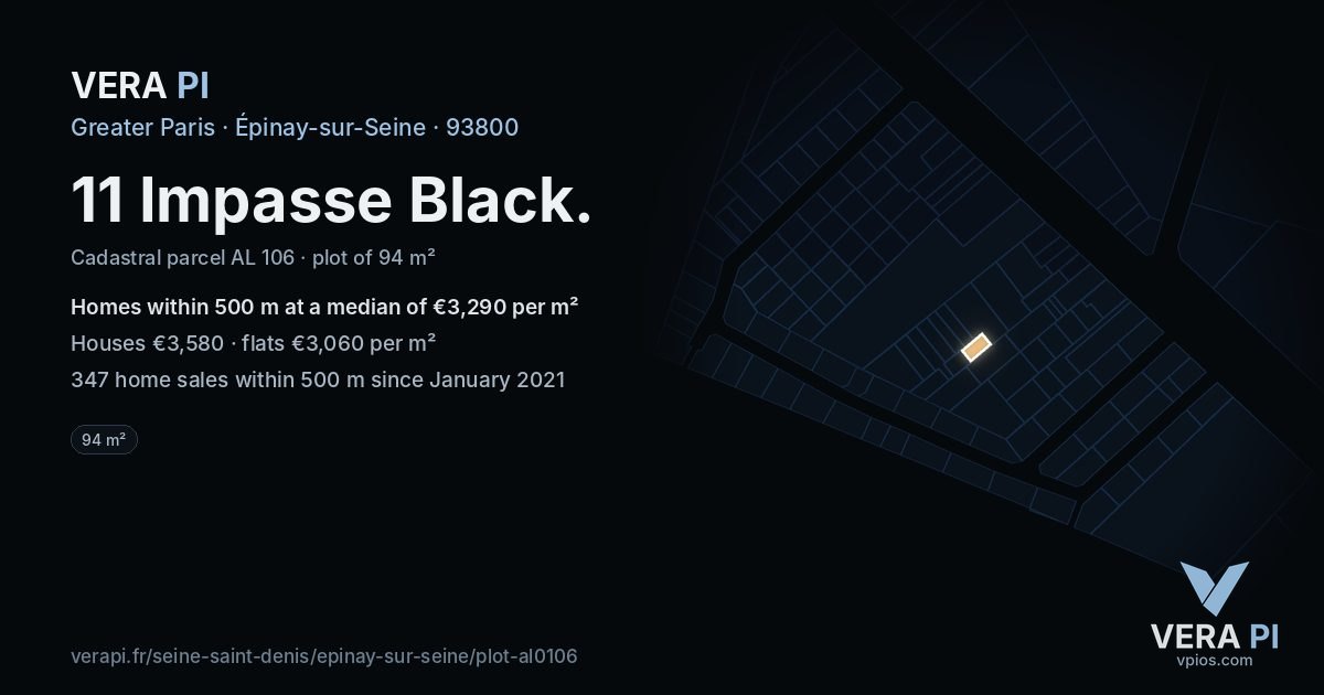 11 Impasse Black, Épinay-sur-Seine at night – the plot lit, the parcels around coloured by the prices near them