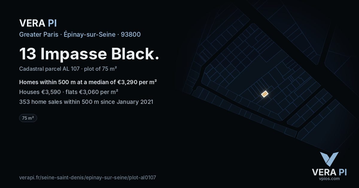 13 Impasse Black, Épinay-sur-Seine at night – the plot lit, the parcels around coloured by the prices near them