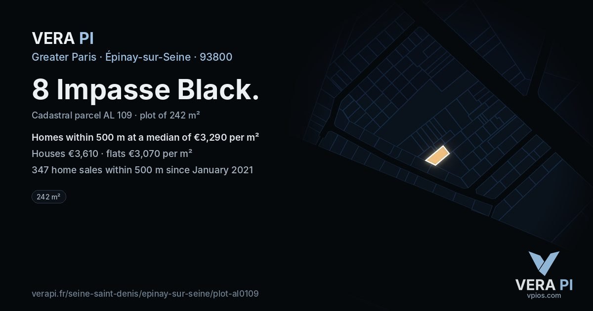 8 Impasse Black, Épinay-sur-Seine at night – the plot lit, the parcels around coloured by the prices near them