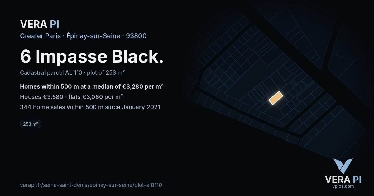 6 Impasse Black, Épinay-sur-Seine at night – the plot lit, the parcels around coloured by the prices near them