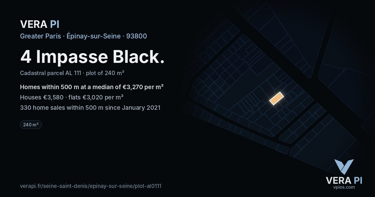 4 Impasse Black, Épinay-sur-Seine at night – the plot lit, the parcels around coloured by the prices near them