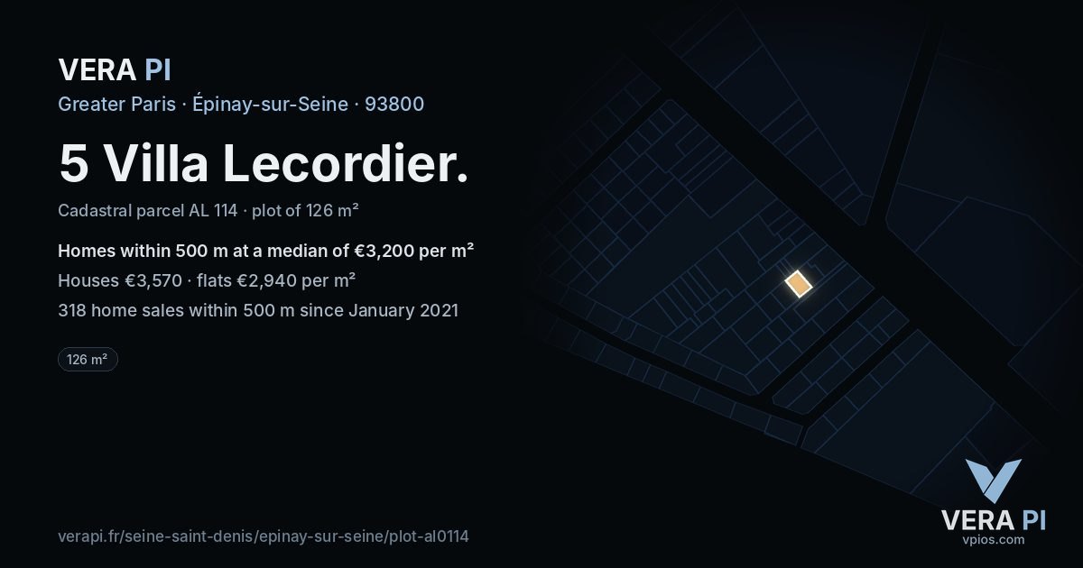 5 Villa Lecordier, Épinay-sur-Seine at night – the plot lit, the parcels around coloured by the prices near them