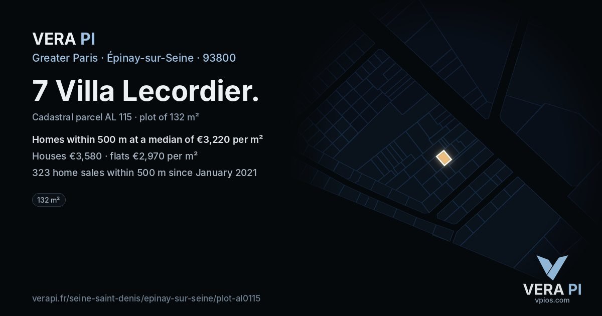 7 Villa Lecordier, Épinay-sur-Seine at night – the plot lit, the parcels around coloured by the prices near them