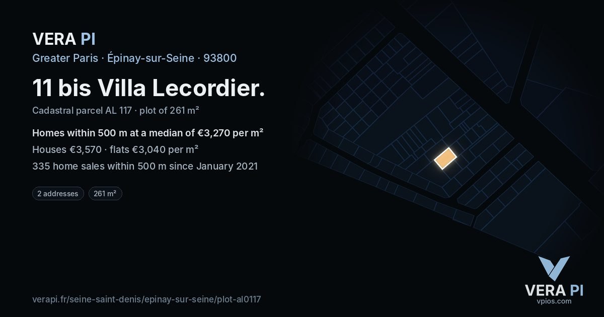 11 bis Villa Lecordier, Épinay-sur-Seine at night – the plot lit, the parcels around coloured by the prices near them
