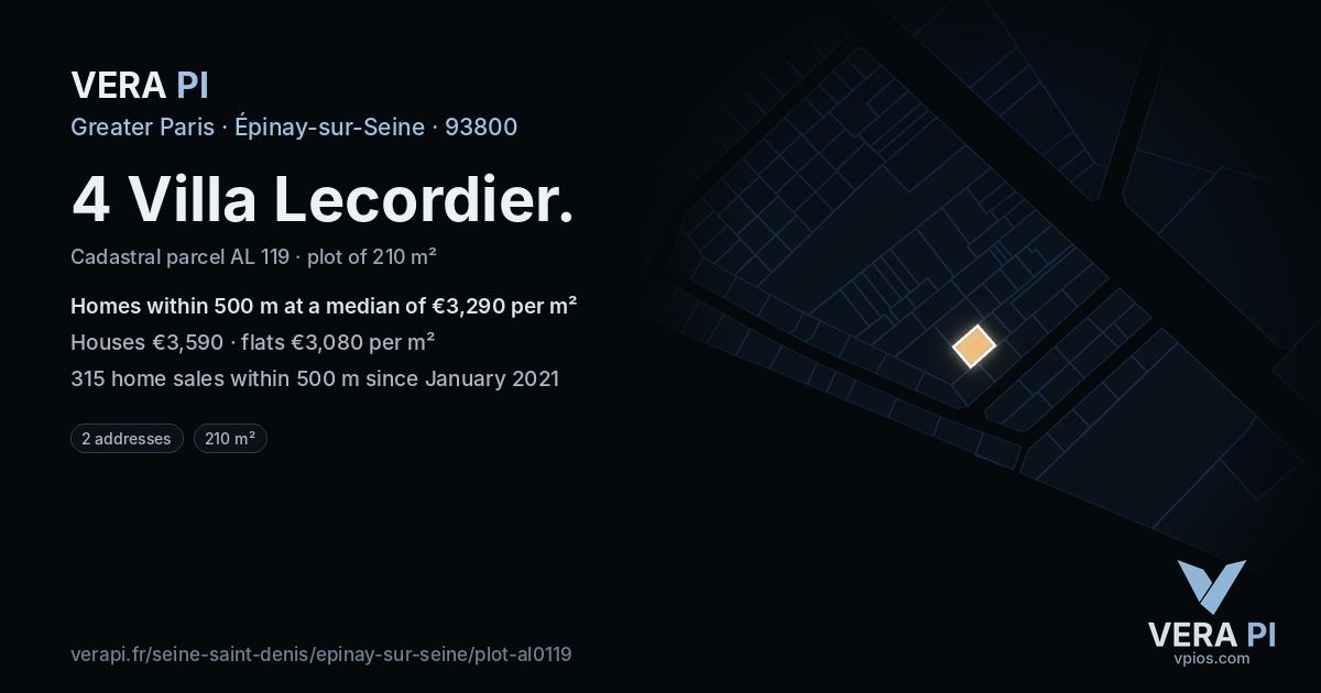 4 Villa Lecordier, Épinay-sur-Seine at night – the plot lit, the parcels around coloured by the prices near them