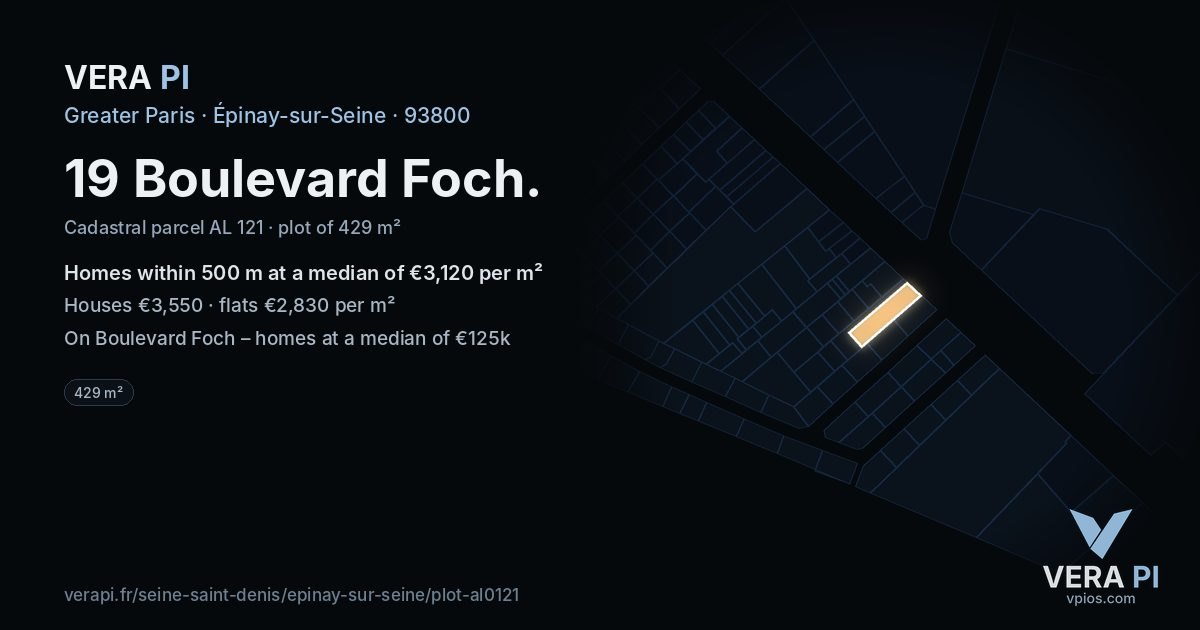 19 Boulevard Foch, Épinay-sur-Seine at night – the plot lit, the parcels around coloured by the prices near them