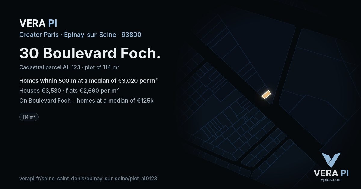 30 Boulevard Foch, Épinay-sur-Seine at night – the plot lit, the parcels around coloured by the prices near them