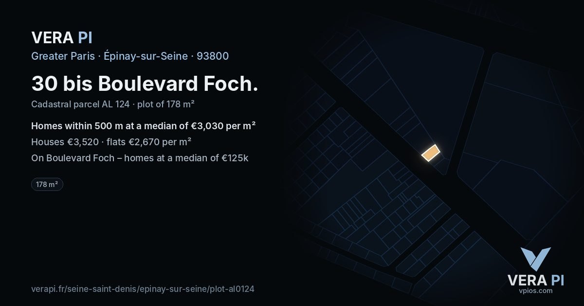 30 bis Boulevard Foch, Épinay-sur-Seine at night – the plot lit, the parcels around coloured by the prices near them