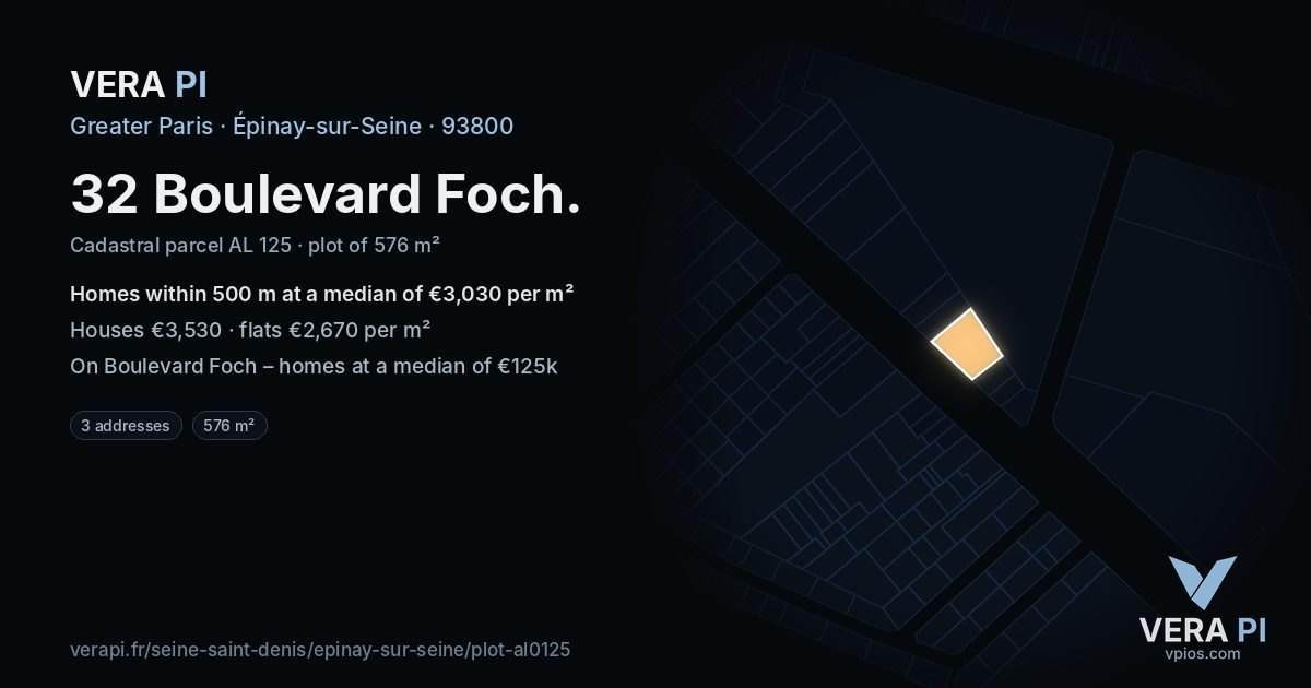 32 Boulevard Foch, Épinay-sur-Seine at night – the plot lit, the parcels around coloured by the prices near them