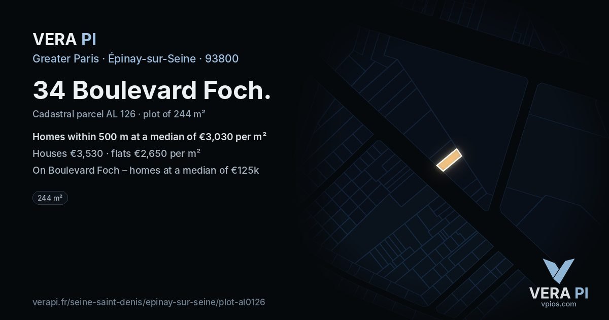 34 Boulevard Foch, Épinay-sur-Seine at night – the plot lit, the parcels around coloured by the prices near them