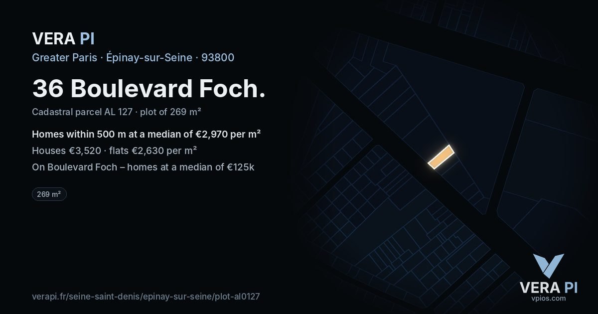 36 Boulevard Foch, Épinay-sur-Seine at night – the plot lit, the parcels around coloured by the prices near them