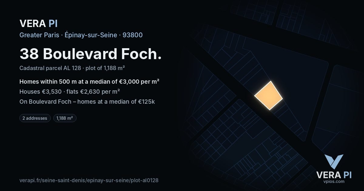38 Boulevard Foch, Épinay-sur-Seine at night – the plot lit, the parcels around coloured by the prices near them
